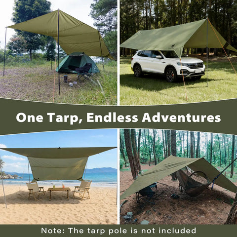 Big Ol 17x10 Ft Camping Tarp Shelter Waterproof UV-Resistant Rain Fly For Hammocks And Tents set up in various outdoor locations