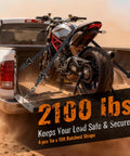 Four Pack Heavy Duty Ratchet Straps Deliver Lockdown Tight Tie Downs For Secure Trailer Hauling 2100 Pound Breaking Strength With Tough As Nails Reinforced Black Webbing And Reliable S Hooks, securing a motorcycle in a truck bed.