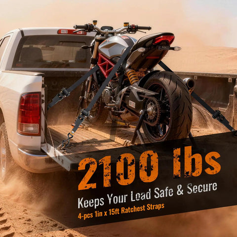 Four Pack Heavy Duty Ratchet Straps Deliver Lockdown Tight Tie Downs For Secure Trailer Hauling 2100 Pound Breaking Strength With Tough As Nails Reinforced Black Webbing And Reliable S Hooks, securing a motorcycle in a truck bed.