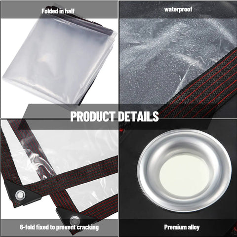 Clear Waterproof Tarp 13x13 Feet With Grommets Built Tough PE Cover showcase of material, grommets, and waterproof features.
