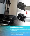 Heavy Duty RV Stair Entry Step Motor Stepper Swap For No Sweat Installs With Slick Auto Retract Safety Lock Fits 676061 1101428 214-1009 Motorhome Coach Door Actuator with new and old motor comparison.