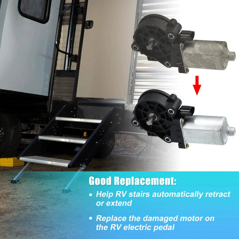 Heavy Duty RV Stair Entry Step Motor Stepper Swap For No Sweat Installs With Slick Auto Retract Safety Lock Fits 676061 1101428 214-1009 Motorhome Coach Door Actuator with new and old motor comparison.