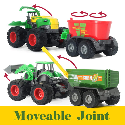 Die Cast Metal Tractor Trucks With Trailer And Movable Parts, Realistic Details, Front Loader And Fodder Mixer Included