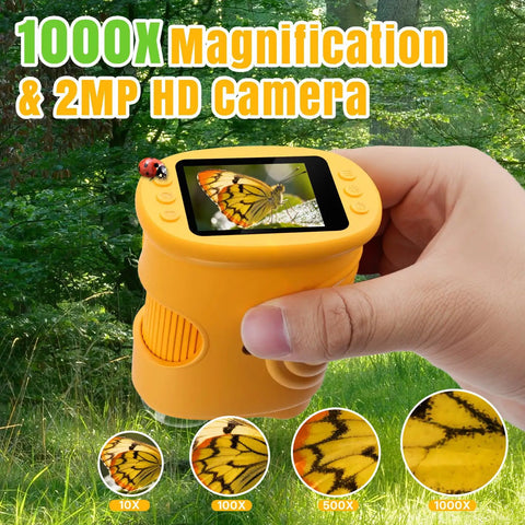 1000x Kid Friendly Handheld Digital Microscope For Kids With 2 Inch IPS Screen Rechargeable Pocket Scope in hand showing butterfly