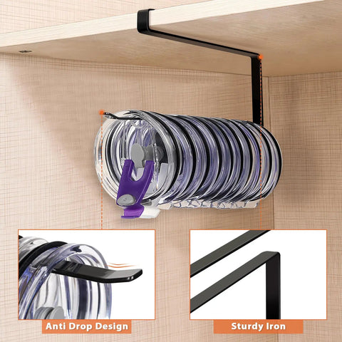 Absolute Knockout Tumbler Lid Organizer That Snaps Right Onto Standard Cups And Keeps Your Counter Dead Clean Without Any Hassle While Holding Ten Sip Lids In Chill Modern Black Design, showing ten lids stored on a solid iron hook.