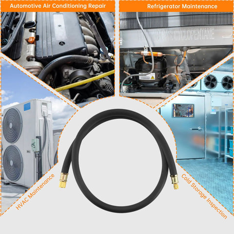 Heavy Duty Half Inch HVAC Vacuum Hose, 6 Ft Long, Fast Evacuation And Recovery, High Pressure Rated, Black Charge Hose, shown coiled.