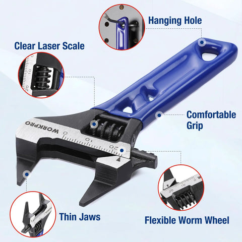 4 Inch Thin Jaws Stubby Adjustable Wrench, CRV Steel, Black Oxide Finish, Close-up on Jaw Scale, Grip, and Hanging Hole