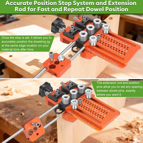 Adjustable Dowel Jig Kit with quick positive stop and clamp for precision woodworking, nine steel drill bushes visible.