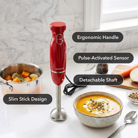 Red Corded Immersion Blender 300W with Two Speeds for Whipping Up Smoothies Sauces and Dips in a Flash with ergonomic handle.