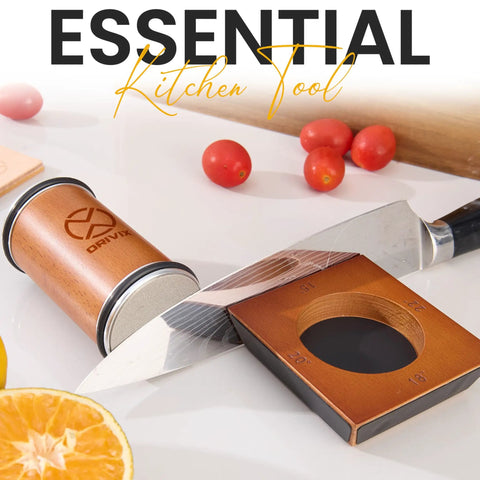 Rolling Knife Sharpener Kit With Magnetic Base And Four Angle Base on kitchen counter with knife, tomatoes, and orange slice