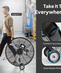 Person rolling Built Tough 24 Inch High Velocity Drum Fan With 9500 CFM Airflow, Industrial Metal Floor Fan with handle