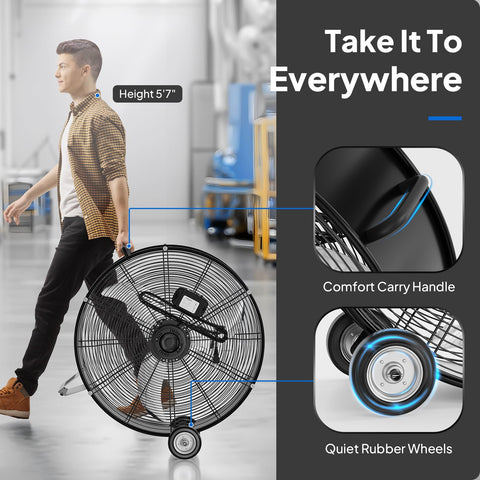 Person rolling Built Tough 24 Inch High Velocity Drum Fan With 9500 CFM Airflow, Industrial Metal Floor Fan with handle