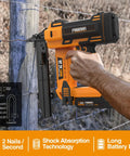 Hardcore 20V Cordless Fencing Stapler Kit Bundled With 16 Gauge 1 Inch Staples And Rock Solid 2AH Battery Plus Fast Charger And Roomy Tool Bag For Roughneck Builders, in use on wooden post.