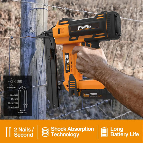 Hardcore 20V Cordless Fencing Stapler Kit Bundled With 16 Gauge 1 Inch Staples And Rock Solid 2AH Battery Plus Fast Charger And Roomy Tool Bag For Roughneck Builders, in use on wooden post.