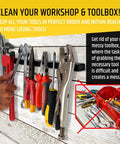 17 Inch Beefy Magnetic Tool Holder Upgraded Version With Ultra Strong Magnets holding pliers, wrench, and screwdrivers on a wall
