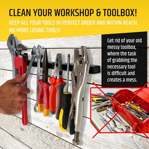 17 Inch Beefy Magnetic Tool Holder Upgraded Version With Ultra Strong Magnets holding pliers, wrench, and screwdrivers on a wall