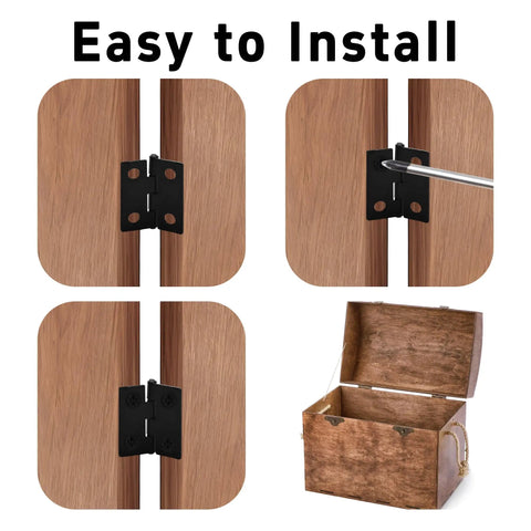 Kick Back And Craft With 80 Pieces Of 18 By 15 Millimeter Mini Hinges Plus 320 Mounting Screws For Wooden Jewelry Box Hardware And 180 Degree Folding Butt Hardware showing assembly steps of black mini hinges on wood.