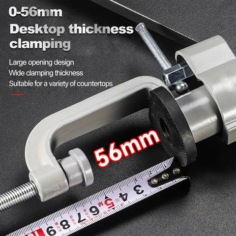 Badass 360 Degree Rotating Table Vise And Bench Clamp Bracket, showcasing 56mm clamping range for versatile workstation use.