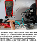 Measuring resistance of Two Pack QP2-4R7 PTC Start Relay with multimeter for refrigerator compressor, black, 1 pin, replaces 6750C0005P