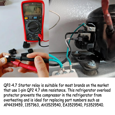 Measuring resistance of Two Pack QP2-4R7 PTC Start Relay with multimeter for refrigerator compressor, black, 1 pin, replaces 6750C0005P