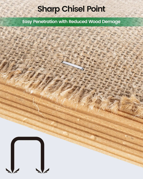 Sharp chisel point of Built Tough T50 304 Stainless Steel Staples For Staple Gun penetrating burlap over wood.