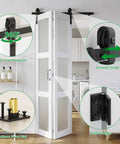 Slick Glide Double Bifold Barn Door With Complete Hardware Kit Eases Through Tight Squeezes As Interior Room Divider shown with smooth glide features.