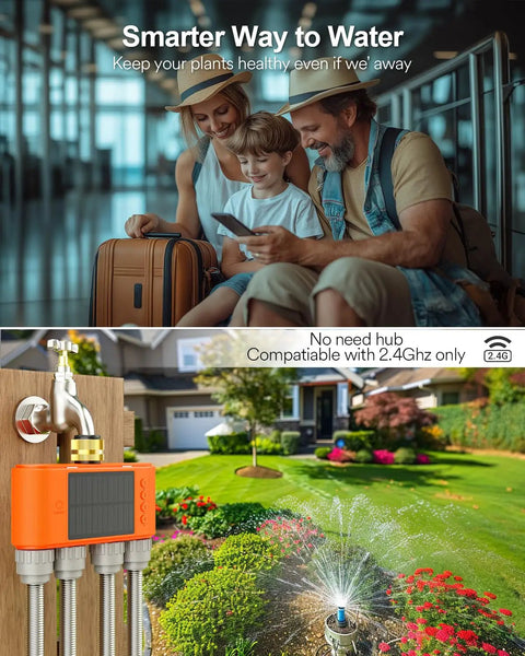 Solar Powered WiFi Sprinkler Timer With 4 Zones And Water Flow Meter in garden setup, easy app control, off-grid irrigation