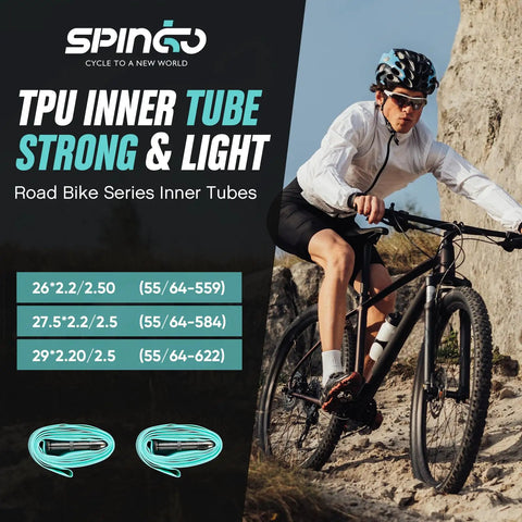 Cyclist on mountain bike with 2 Pack Lightweight 29 Inch TPU Inner Tubes For Mountain Bikes 2.2 To 2.5 With 48mm Presta Valves.