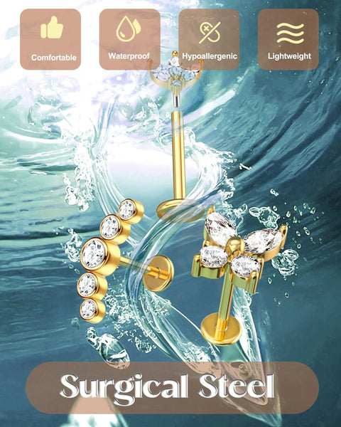 14K Gold Plated Threadless Flat Back Earrings Set For Women And Men, 20G 6mm Gauge, Includes Moon Leaf Flower And Ball Nose Studs And Straight Tapers, Silver And Gold Plating, Wear Solo Or Stackable Everyday Jewelry; surgical steel studs shown