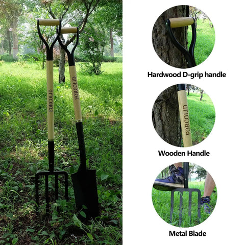Garden Fork With Four Tine Spading Fork Head 45 Inch Forged Steel Y Grip Wood Handle Red Beefy Built Heavy Duty shovel and fork in grass