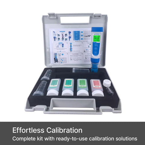 AI316 Premium 5 In 1 Pocket Tester Kit For PH EC TDS Salinity And Temperature With Waterproof Build Replaceable Multi Parameter Probe And Big Backlit LCD For Fast Accurate Readings, open case with calibration solutions