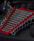 12-Piece SAE Ratcheting Wrench Set With 120-Tooth Gear, Ultra-Slim 3-Degree Swing Arc in an engine bay, chrome vanadium steel.
