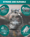 20 Piece Heavy Duty Stainless Steel Hose Clamp Set For Plumbing Automotive Fuel Lines And Mechanical Use Adjustable Worm Gear Clamps 6mm To 51mm Size Range Durable Rustproof Corrosion Resistant, showing stainless hose clamp design and features.