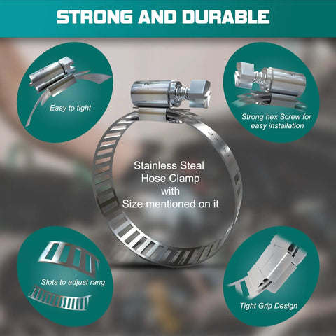20 Piece Heavy Duty Stainless Steel Hose Clamp Set For Plumbing Automotive Fuel Lines And Mechanical Use Adjustable Worm Gear Clamps 6mm To 51mm Size Range Durable Rustproof Corrosion Resistant, showing stainless hose clamp design and features.
