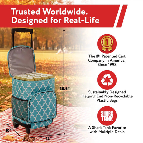 Ultra Compact Insulated Cooler Cart With Moroccan Tile Soft Sided Tote on picnic blanket in park
