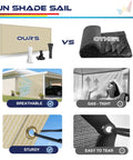 Comparison between beige sun shade sail with grommets and D-rings and a gas-tight tarpaulin, focusing on breathability and durability features.