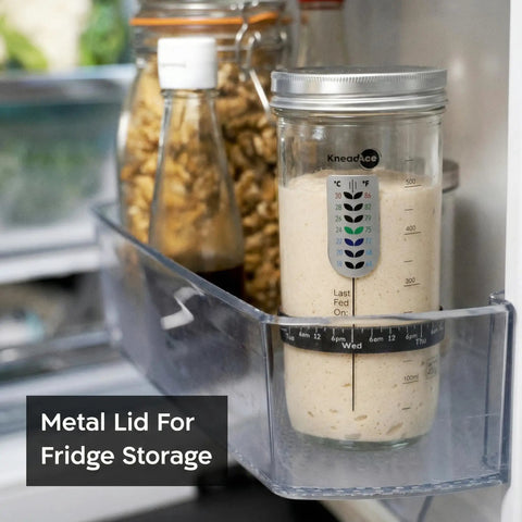 Sourdough Starter Kit With Date Marked Feeding Band Thermometer Jar Scraper Cloth Cover And Metal Lid Wide Mouth Container in fridge