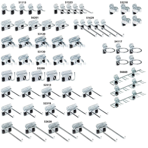 LockHook Steel Pegboard Hook Set 63 Piece Garage Organization Kit For LocBoard showing various metal hooks and attachments