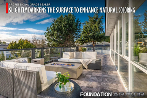 Pro Grade 5 Gallon Solvent Based Concrete Sealer Drops A Real Matte Wet Look Finish On Brick And Slate With Hella Strong Deep Penetrating Water Repellent Shield For Straight Up Masonry Perfection on a patio with seating.