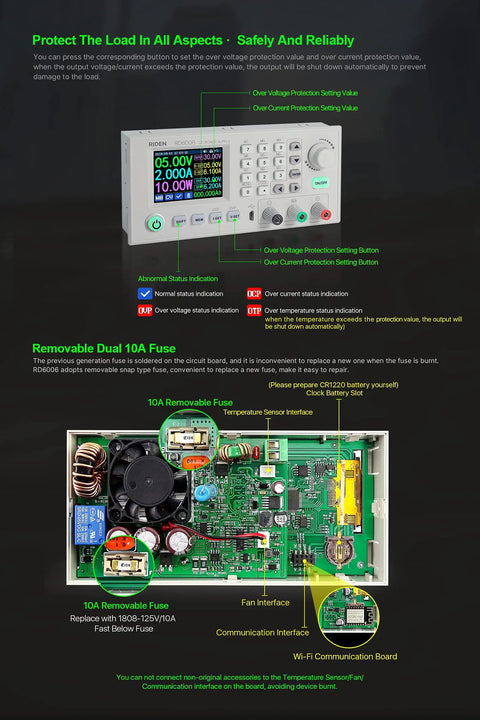Control panel and internal view of 6006 60V 6A DC DC Step Down Power Supply Kit with D6006 and S400 case unassembled