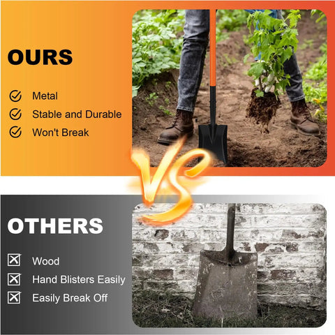 Durable Square Shovel With Metal Handle For Digging In Yard or Camp 43.3 Inch Length Orange Garden Tool comparison with wood shovel
