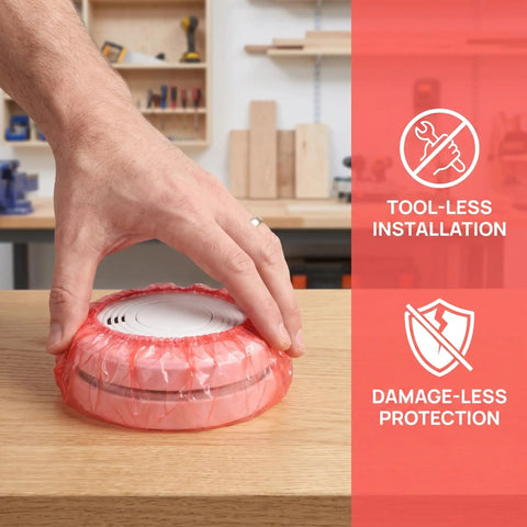 120pc Fire Sprinkler Dust Guards That Keep Grit Out Of Your Gear Heavy Duty Elastic Caps covering a smoke detector with a hand applying it.