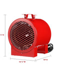 Front view of ICH240C Series Heavy Duty Portable Heater for Construction Sites and Job Sites in red with dimensions listed.