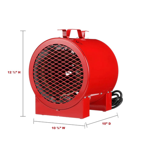 Front view of ICH240C Series Heavy Duty Portable Heater for Construction Sites and Job Sites in red with dimensions listed.