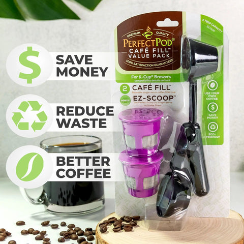Cafe Fill Value Pack With Reusable K Cup Filters And Scoop For Keurig Brewers package with coffee cup and beans