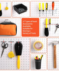 Pegboard Organizer Kit With 240-Piece Hook Set For Garage Wall Storage showing tools and accessories on white pegboard