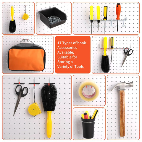 Pegboard Organizer Kit With 240-Piece Hook Set For Garage Wall Storage showing tools and accessories on white pegboard
