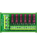 Six Channel DC Power Fuse Distribution Strip Module With DIN Rail Mount, Handles 0 to 32V, front view with fuses visible
