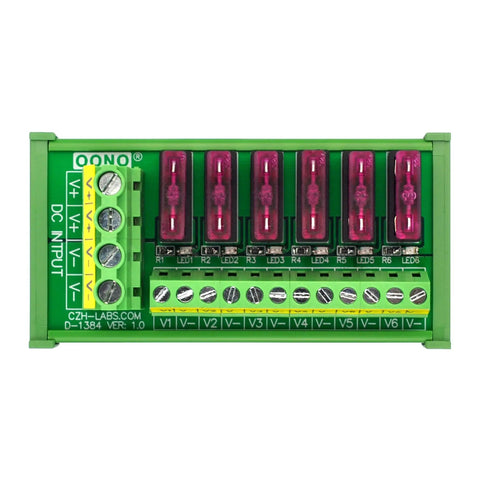 Six Channel DC Power Fuse Distribution Strip Module With DIN Rail Mount, Handles 0 to 32V, front view with fuses visible