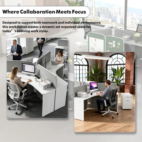 Work environment featuring Boss Ready Three Seat Office Workstation Desk With Secure Locking Rolling Pedestal, designed for collaboration.